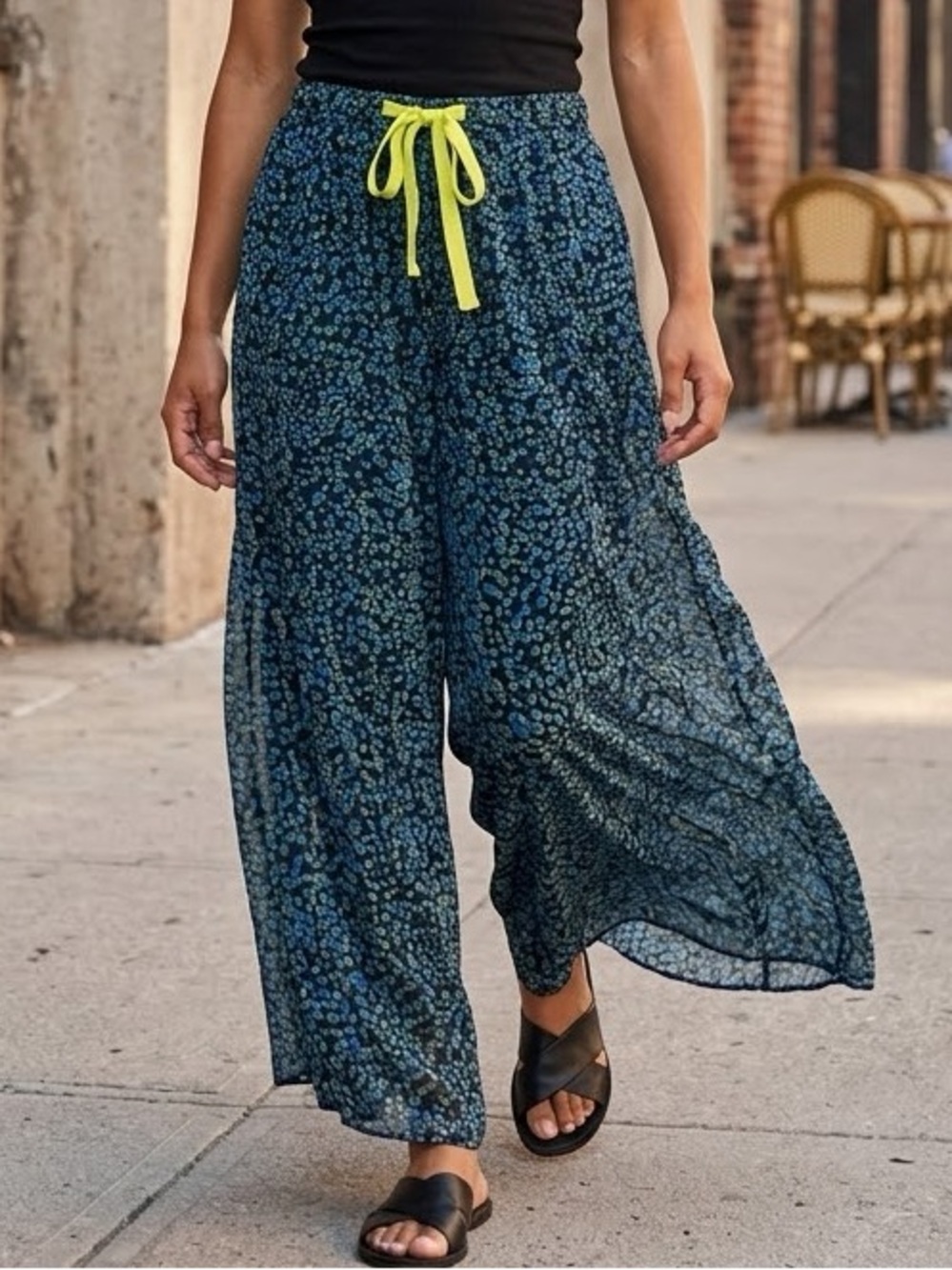 Free People Wide Leg Sheer Blue Patterned Pants SIZE SMALL